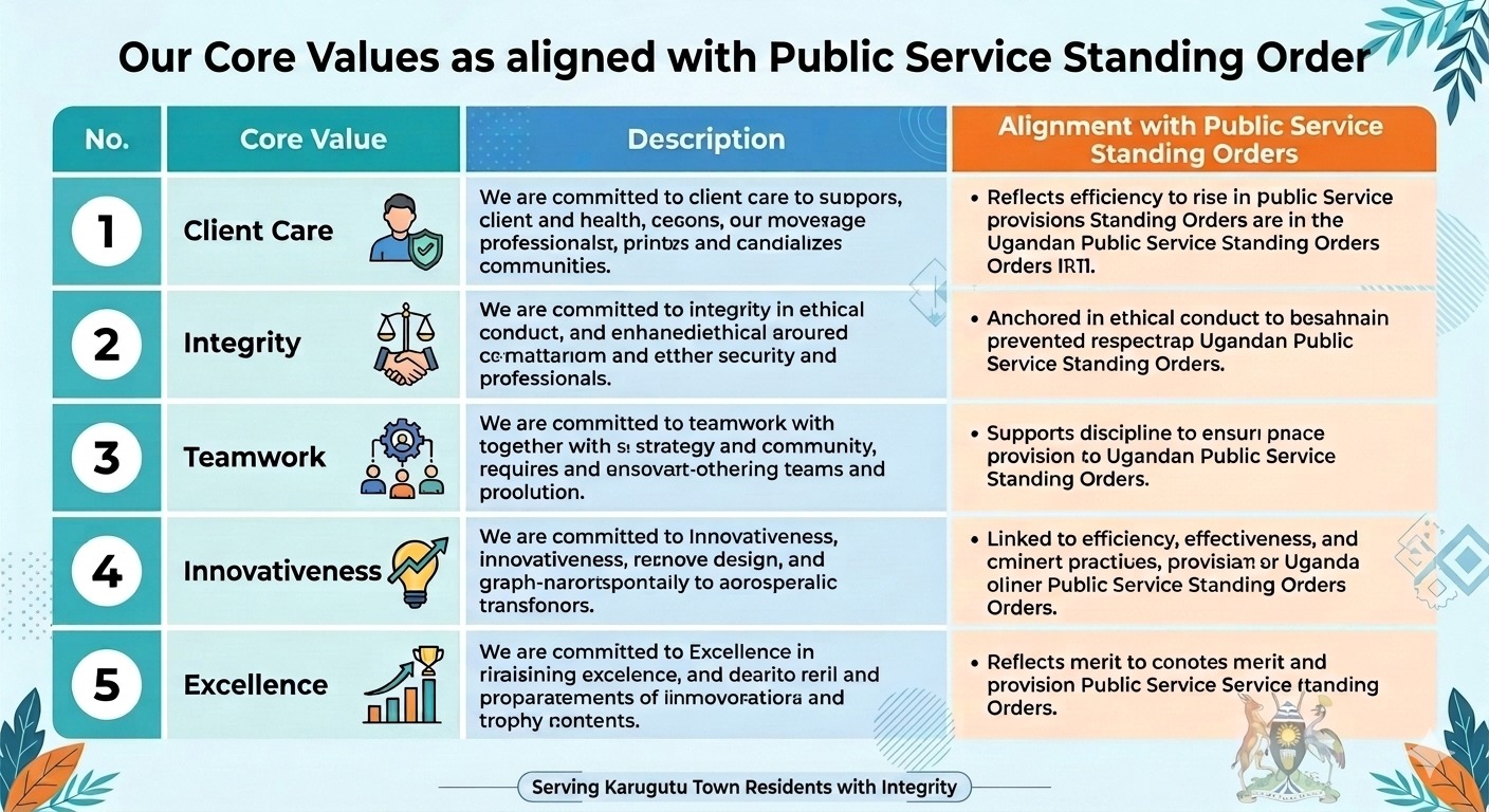 Karugutu Town Council Core Values - Integrity, Client Care, Teamwork, Innovativeness, Excellence